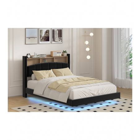 Pat SaniMag V2 Negru cu iluminare LED Complet Tapitat Catifea 160x200cm, Somiera Inclusa, fara saltea