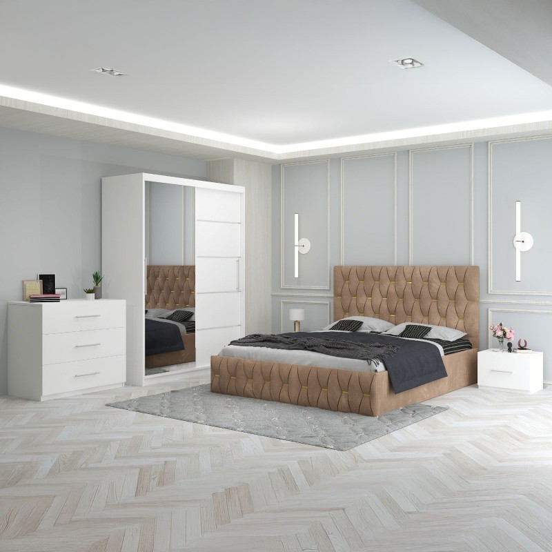 Dormitor Eric Crem + Comoda 3 Sertare
