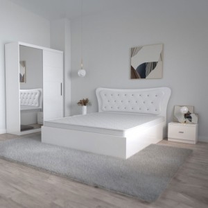 Dormitor Dante, 4 Piese, Pat 160 X 200, 2Noptiere, Dulap usi glisante cu oglinda, Culoare Alb