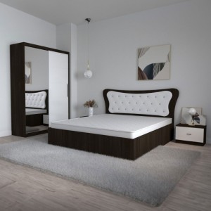 Dormitor Dante, 4 Piese, Pat 160 X 200, 2Noptiere, Dulap usi glisante cu oglinda, Culoare Wenge/Alb