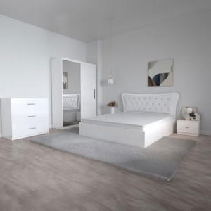 Dormitor Dante, 5 Piese, Pat 160 X 200, 2Noptiere, Dulap usi glisante cu oglinda, Comoda Alice Alb, Culoare Alb