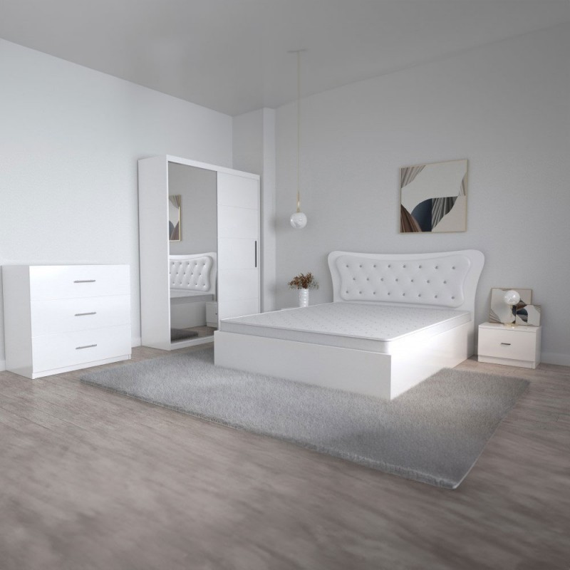 Dormitor Dante, 5 Piese, Pat 160 X 200, 2Noptiere, Dulap usi glisante cu oglinda, Comoda Alice Alb, Culoare Alb