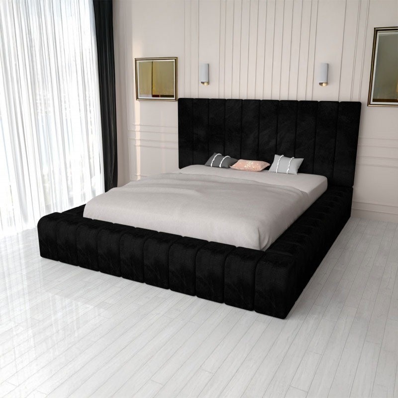 Pat Tapitat Complet Cod 01 Negru + Saltea Lux Ortopedica