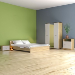 Dormitor Madrid, Cu  Oglinda  5 Piese, Pat , 2Noptiere, Dulap, Comoda, Culoare Stejar Sonoma /Alb