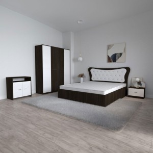 Dormitor Dante, 5 Piese, Pat Dante 160 X 200, 2Noptiere, Dulap Mirela W, Comoda Mirela, Culoare Wenge/Alb