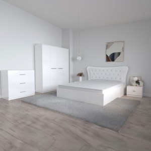 Dormitor Dante, 4 Piese, Pat Dante 160 X 200, 2Noptiere, Dulap Mirela Alb, Culoare Alb + Comoda Alice 3 sertare
