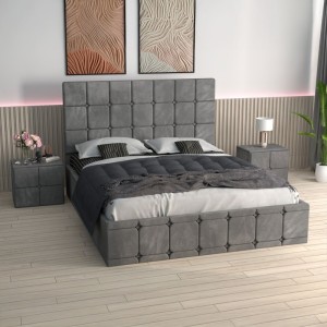 Pat Ven03 Gri +Noptiere Tapitate+ Saltea Lux Ortopedica