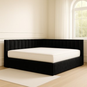 Pat Tapitat De Colt Figo Negru Catifea Premium + Saltea Lux Ortopedica