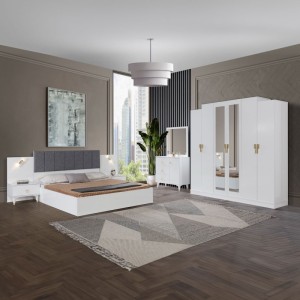 Dormitor Cod 200, 6 Piese, Pat 160 x 200, Comoda Cu Oglinda, 2Noptiere, Dulap 6u, Culoare Alb