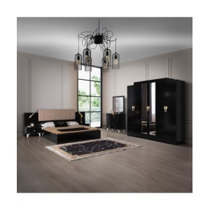 Set Dormitor COD300, 6 Piese, Pat 160 x 200, Comoda Cu Oglinda, 2Noptiere, Dulap 6u, Culoare Negru