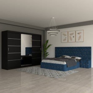 Dormitor Eric Albastru Cu Extensii Dulap Negru 250 cm