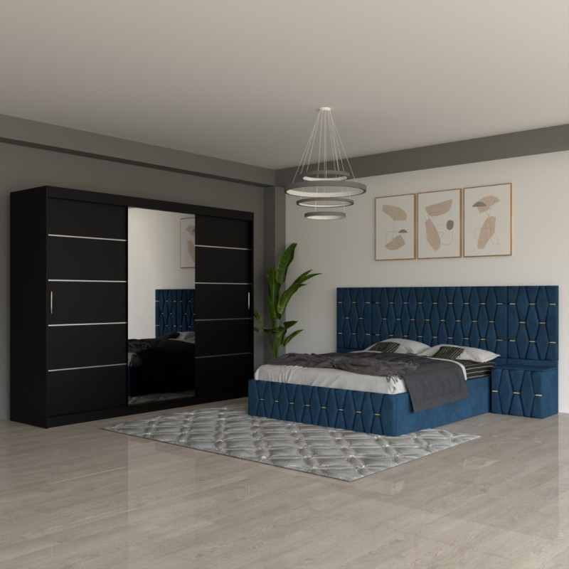 Dormitor Eric Albastru Cu Extensii Dulap Negru 250 cm