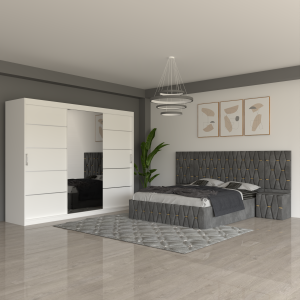 Dormitor Eric Gri Cu Extensii Dulap Alb 250 cm