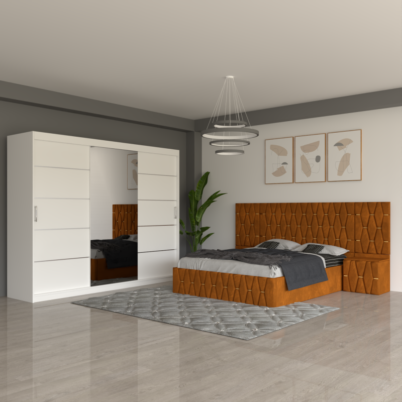 Dormitor Eric Caramiziu Cu Extensii Dulap Alb 250 cm
