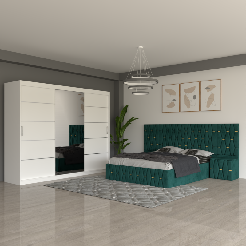 Dormitor Eric Verde Cu Extensii Dulap Alb 250 cm
