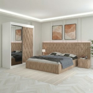 Dormitor Eric Crem Tapitat Cu Noptiere Tapitate + Extensii