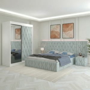 Dormitor Eric Lemon Tapitat Cu Noptiere Tapitate + Extensii