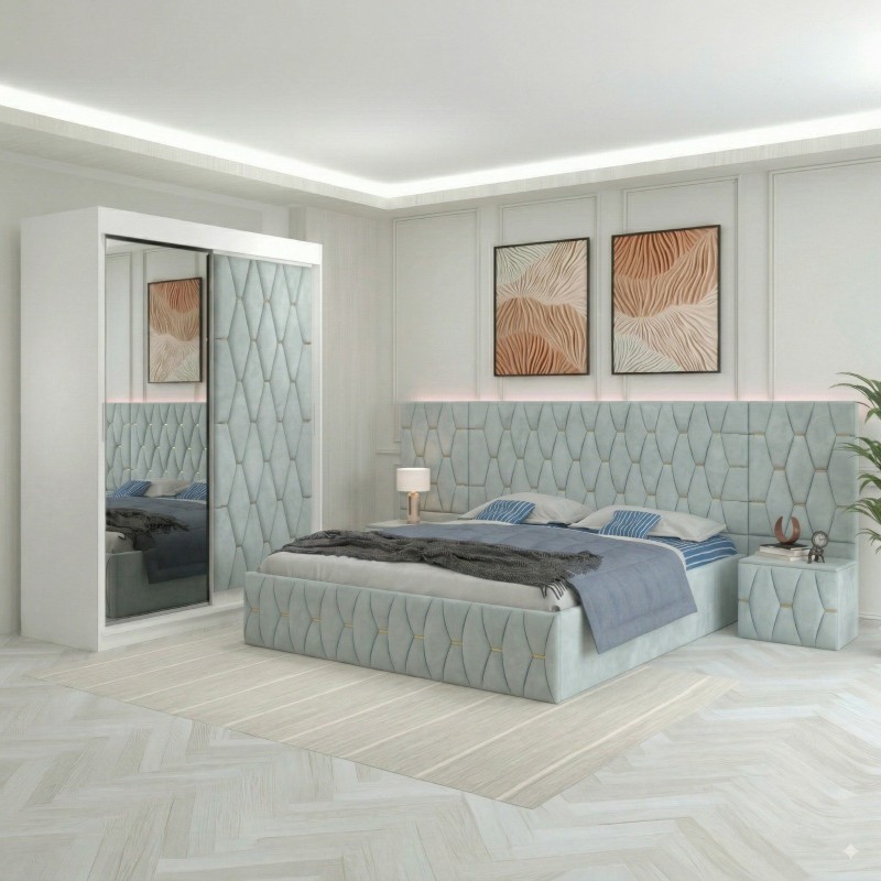 Dormitor Eric Lemon Tapitat Cu Noptiere Tapitate + Extensii