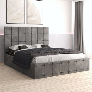 Pat Tapitat Ven03 Gri + Saltea 20cm Grosime + Somiera Metalica Rabatabila