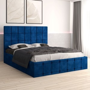 Pat Tapitat Ven03 Albastru + Saltea 20cm Grosime + Somiera Metalica Rabatabila
